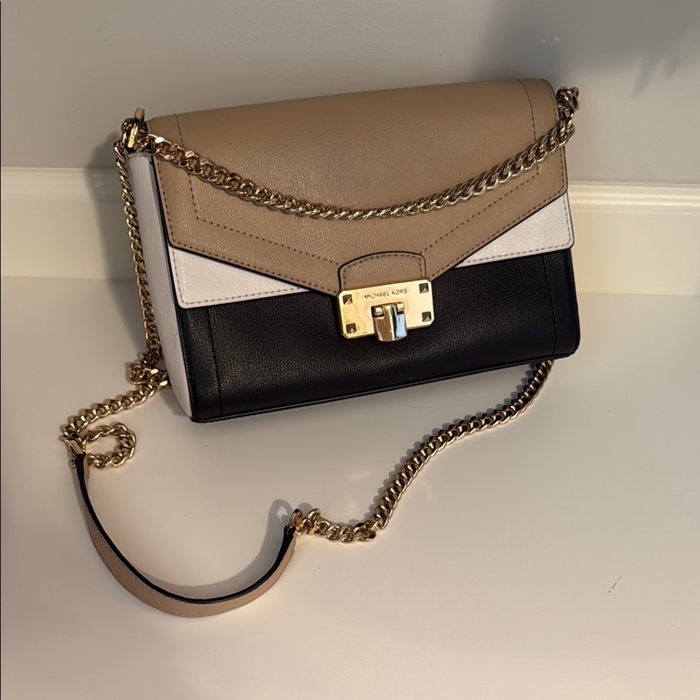 Michael Kors Black and Tan Crossbody Bag with Gold Chain
